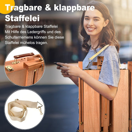 Tragbare Staffelei aus Buchenholz mit Schublade und Ablage, 71x114x183 cm