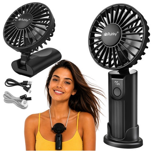 Tragbarer schwarzer Handventilator, USB-C, 2400 mAh Akku
