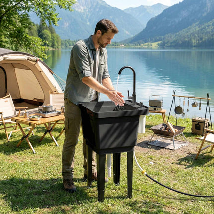 Tragbares Camping-Spülbecken mit Wasserhahn und Seifenspender, Schwarz