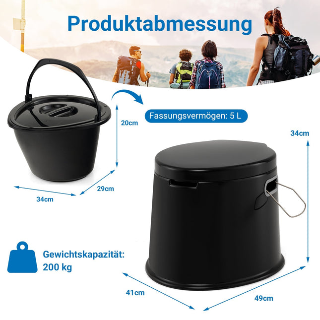 Portable Camping Toilet with Removable Bucket, Black, 200kg Capacity