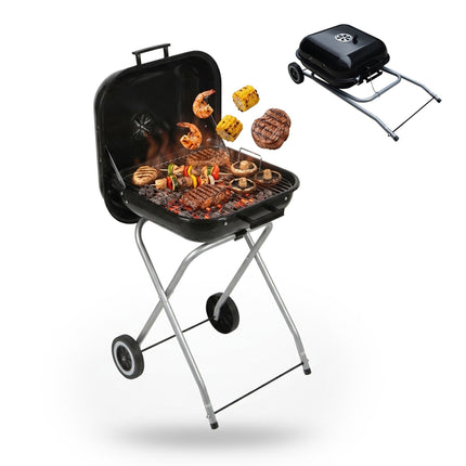Tragbarer Holzkohlegrill mit Deckel und Rädern, schwarzer Stahl