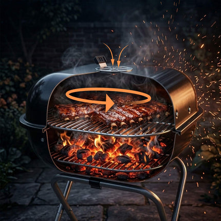 Tragbarer Holzkohlegrill mit Deckel und Rädern, schwarzer Stahl