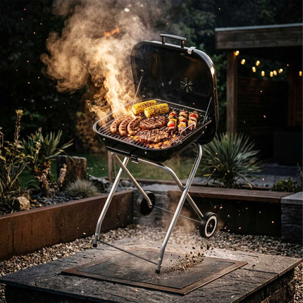Tragbarer Holzkohlegrill mit Deckel und Rädern, schwarzer Stahl