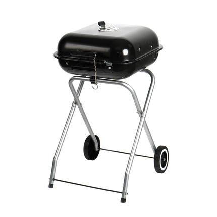 Tragbarer Holzkohlegrill mit Deckel und Rädern, schwarzer Stahl