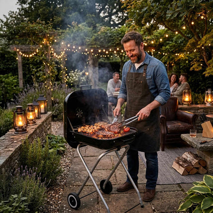 Tragbarer Holzkohlegrill mit Deckel und Rädern, schwarzer Stahl