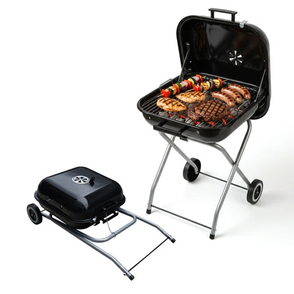 Tragbarer Holzkohlegrill mit Deckel und Rädern, schwarzer Stahl