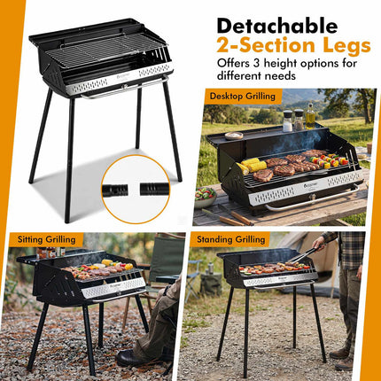 Portable Charcoal Grill, Detachable Legs, Adjustable Grate