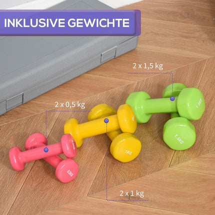 Buntes Hantelset aus Stahl mit Koffer – 6 Gewichte für Fitness