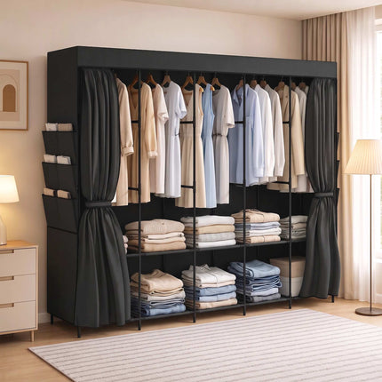 Portable Fabric Wardrobe, Dustproof, 5 Rods, Black, 212x45x167 cm