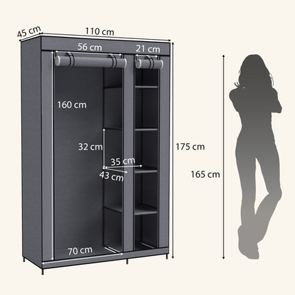 Portable Fabric Wardrobe with Hanging Rail & 5 Shelves, Grey