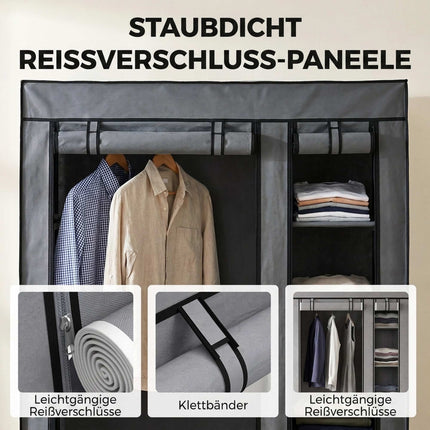 Portable Fabric Wardrobe with Hanging Rail & 5 Shelves, Grey