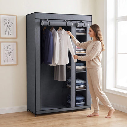 Portable Fabric Wardrobe with Hanging Rail & 5 Shelves, Grey