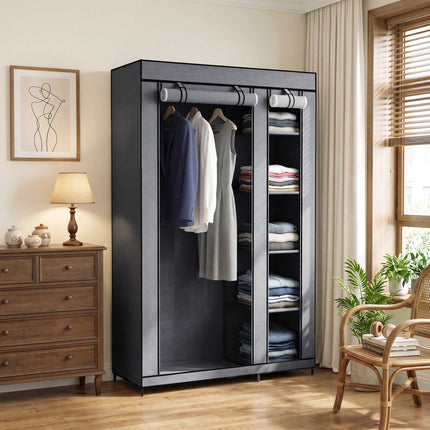 Portable Fabric Wardrobe with Hanging Rail & 5 Shelves, Grey