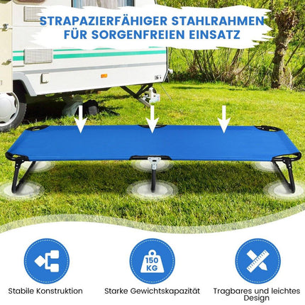 Tragbares, zusammenklappbares Campingbett, 190 cm lang, Stoff-Schlafbett, Blau