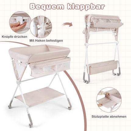 Tragbarer, klappbarer Wickeltisch mit höhenverstellbaren und feststellbaren Rollen