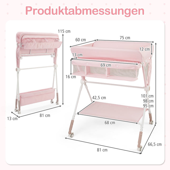Portable Folding Changing Table with Adjustable Height & Lockable Wheels