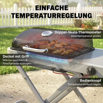 Tragbarer Gasgrill mit 1 Brenner, klappbarem Wagen, Thermometer