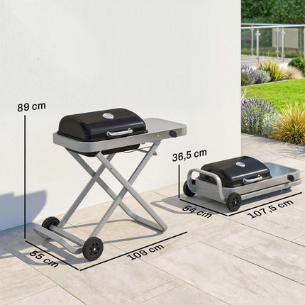 Tragbarer Gasgrill mit 1 Brenner, klappbarem Wagen, Thermometer