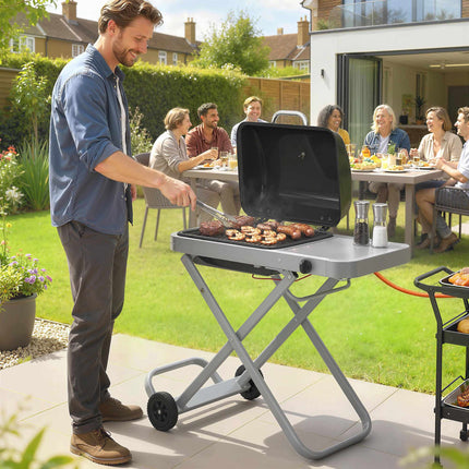 Tragbarer Gasgrill mit 1 Brenner, klappbarem Wagen, Thermometer