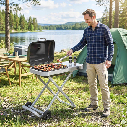 Tragbarer Gasgrill mit 1 Brenner, klappbarem Wagen, Thermometer