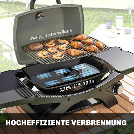 Tragbarer Gasgrill mit 3,3 kW Brenner und Seitenablagen