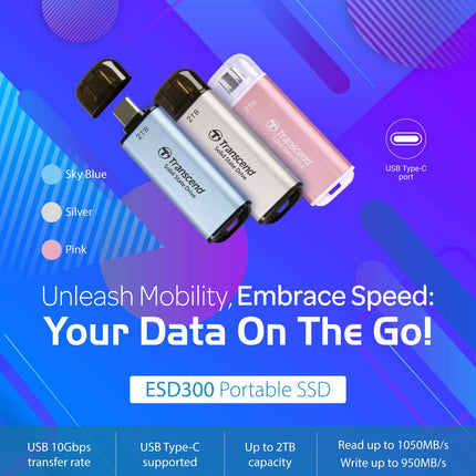 Tragbare Mini-SSD ESD300C USB-C 500Gb 10Gbps (R1050/W950 Mb/s) Silber