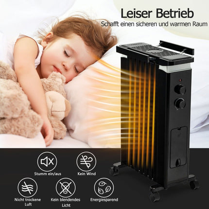 Tragbarer Ölradiator mit 3 Heizstufen und Universalrädern, Schwarz