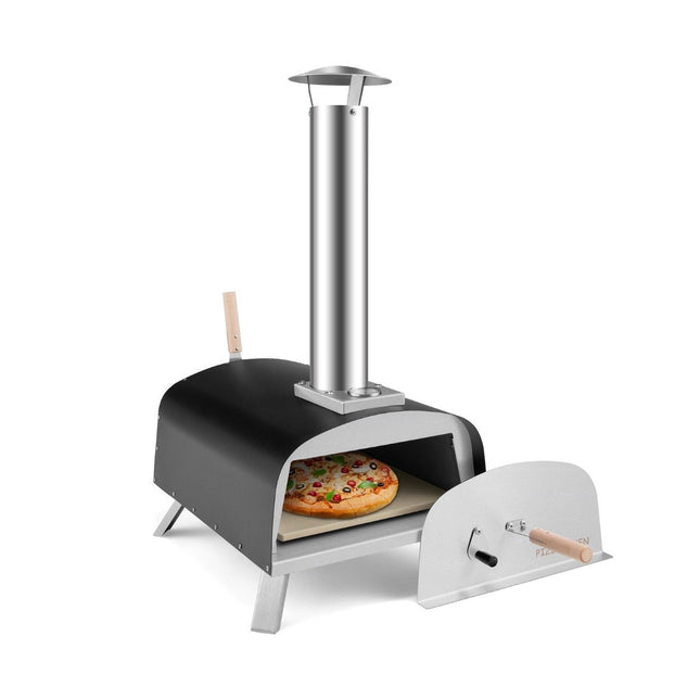 Přenosná venkovní pec na pizzu na dřevo, stříbrná + černá