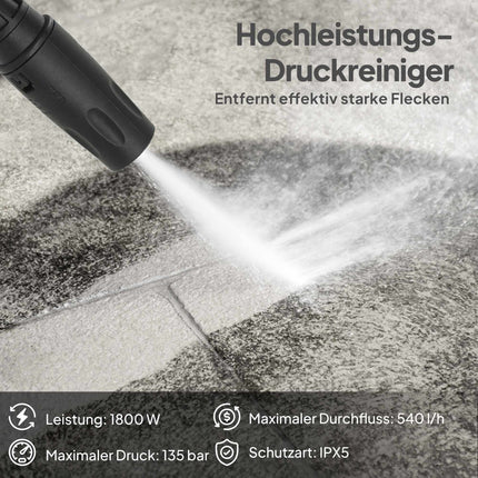 Tragbarer Hochdruckreiniger, 1800W, 135 Bar, Verstellbare Düse