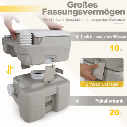 Tragbare Toilette mit 20L Abwassertank, Pumpe & Trichter, Grau