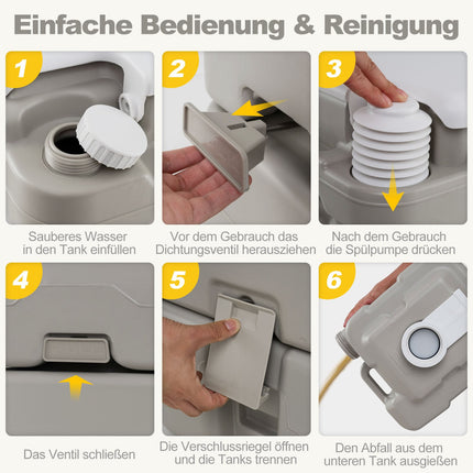 Tragbare Toilette mit 20L Abwassertank, Pumpe & Trichter, Grau