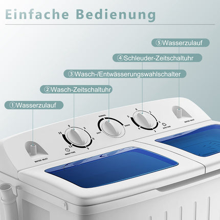 Tragbare Doppelkammer-Waschmaschine, 5kg Waschen 3kg Schleudern