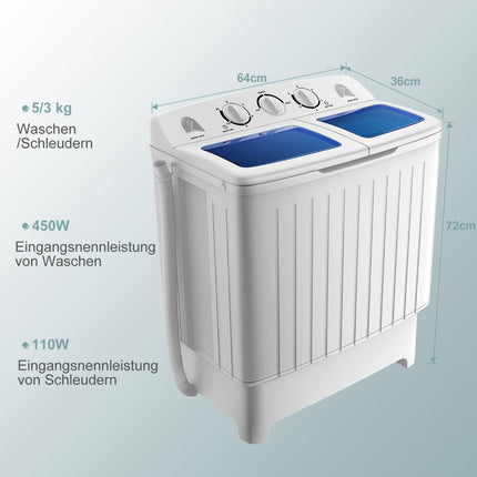Tragbare Doppelkammer-Waschmaschine, 5kg Waschen 3kg Schleudern