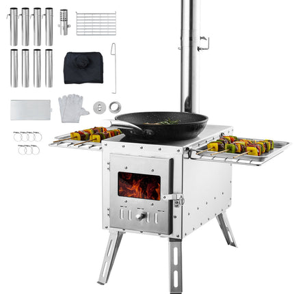 Portable Wood Burning Tent Stove, 8 Chimney Pipes, Gloves