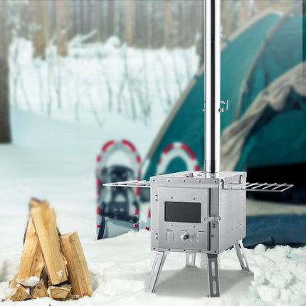 Portable Wood Burning Tent Stove, 8 Chimney Pipes, Gloves