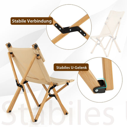 Chaise de camping pliante portable en bambou avec dossier réglable à 2 niveaux