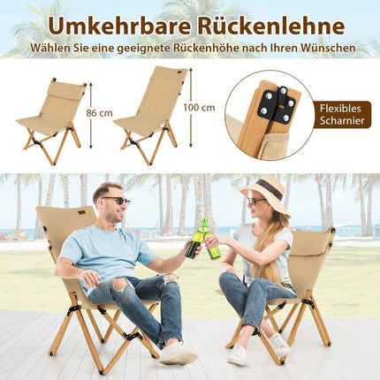 Chaise de camping pliante portable en bambou avec dossier réglable à 2 niveaux