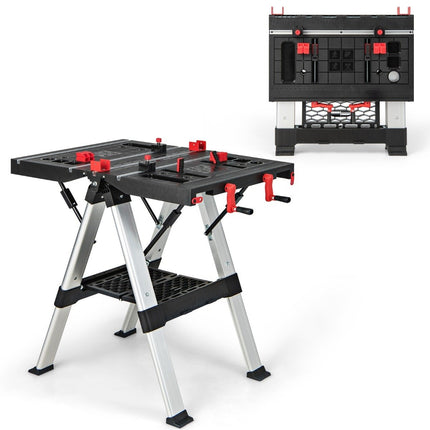 Portable folding work table with adjustable height functional clamping system