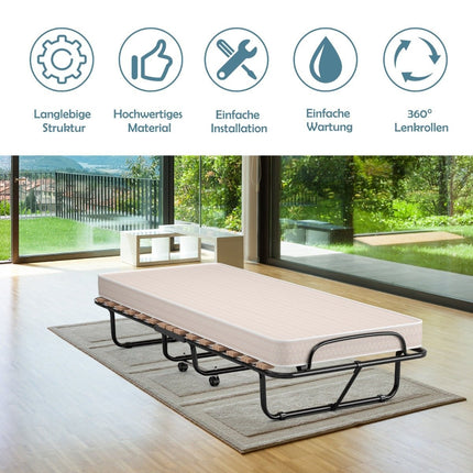 Lit d'appoint portable sur roulettes avec matelas en mousse à mémoire de forme 80 x 190 x 33 cm beige clair fabriqué en Italie Origine : Italie