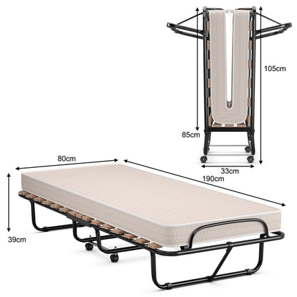 Lit d'appoint portable sur roulettes avec matelas en mousse à mémoire de forme 80 x 190 x 33 cm beige clair fabriqué en Italie Origine : Italie