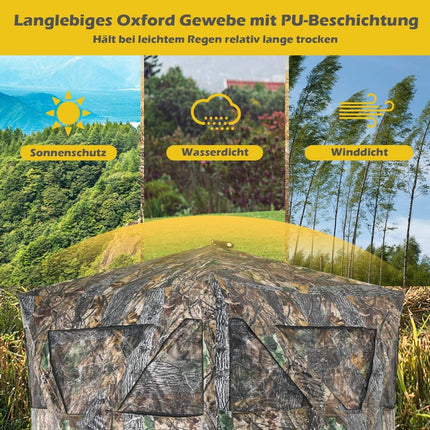 Tente de chasse portable avec piquets de sol, sangles d'arrimage et sac de transport pour 3 personnes camouflage