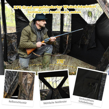 Tente de chasse portable avec piquets de sol, sangles d'arrimage et sac de transport pour 3 personnes camouflage