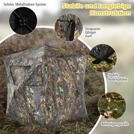 Tente de chasse portable avec piquets de sol, sangles d'arrimage et sac de transport pour 3 personnes camouflage