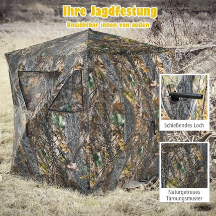 Tente de chasse portable avec piquets de sol, sangles d'arrimage et sac de transport pour 3 personnes camouflage