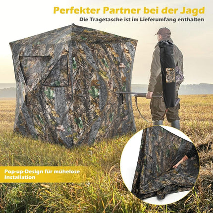 Tente de chasse portable avec piquets de sol, sangles d'arrimage et sac de transport pour 3 personnes camouflage