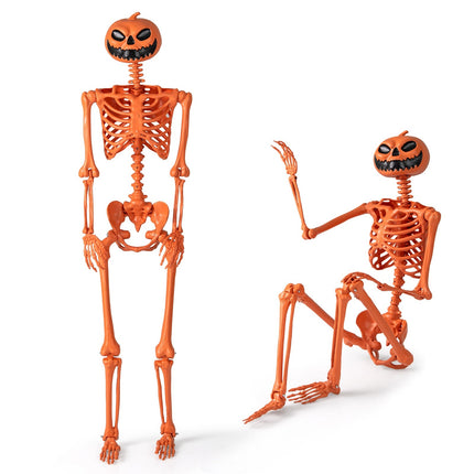 Bewegliches 1,6 m großes Halloween-Skelett mit Kürbiskopf