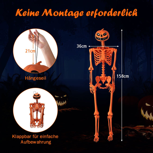 Bewegliches 1,6 m großes Halloween-Skelett mit Kürbiskopf