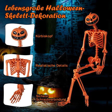 Bewegliches 1,6 m großes Halloween-Skelett mit Kürbiskopf