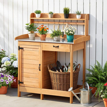 Potting Bench Table, 112 x 46.5 cm, Drawer Cabinet Hooks