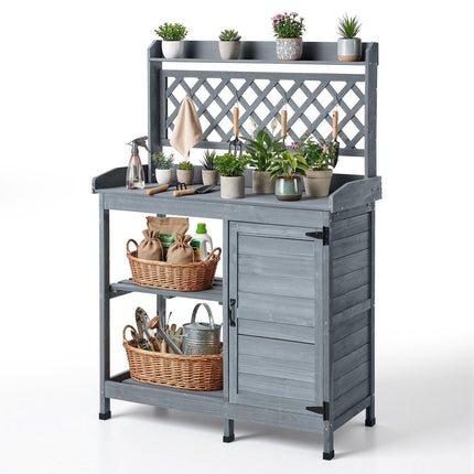 Potting Bench Table, Fir Wood, Cabinet Shelves, Gray